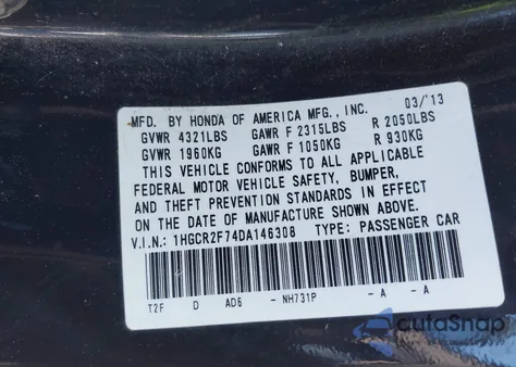 2013 Honda Accord Ex z USA, uszkodzony, nr VIN 1HGCR2F74DA146308